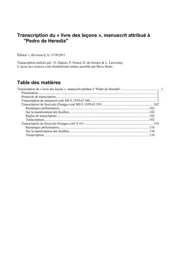 Pedro de Heredia - le Livre des leçons - transcription - Free