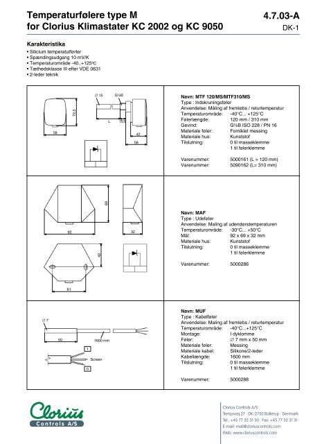 Temperaturfølere type M for Clorius Klimastater ... - Clorius Controls