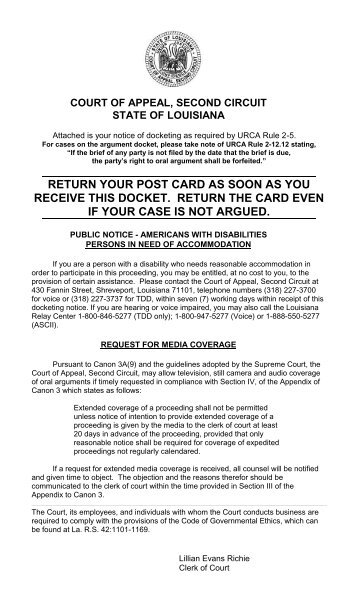 return your post card as soon as you receive this docket. return the ...