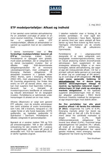 ETF modelporteføljer: Afkast og indhold - Saxo Privatbank
