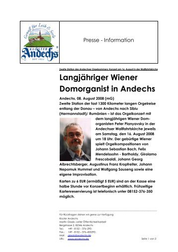 Langjähriger Wiener Domorganist in Andechs - Kloster Andechs