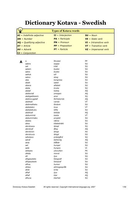 Dictionary Kotava - Swedish - International-language.org