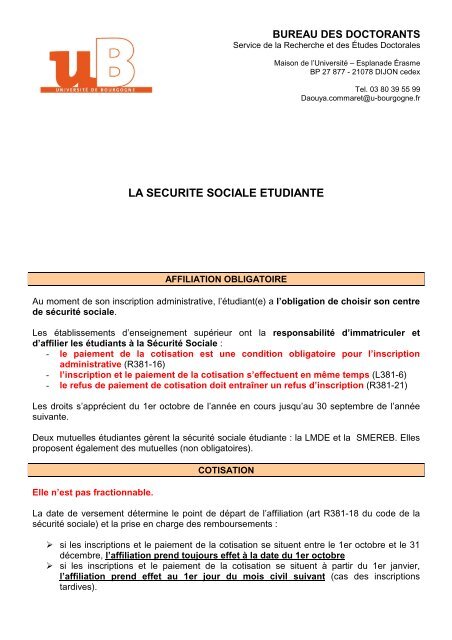 LA SECURITE SOCIALE ETUDIANTE - Université de Bourgogne