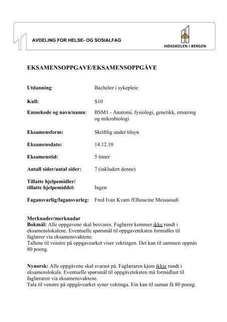 Sykepleie BSM1 Anatomi fysiologi genetikk ernæring og ...