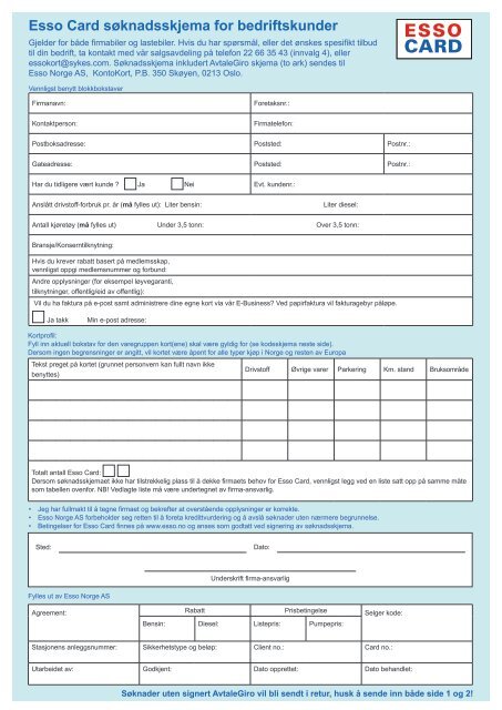 Esso Card Soknadsskjema For Bedriftskunder Exxonmobil