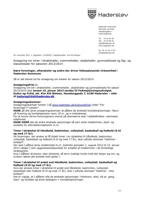 dage en skrivelse fra Kultur og Fritid - Haderslev Kommune