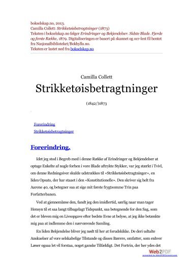 bokselskap.no, 2013. Camilla Collett: Strikketøisbetragtninger (1873 ...