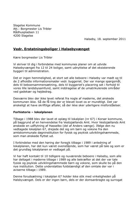 Bilag nr. 6 - Brev af 18. september 2011 til Slagelses borgmester Lis ...