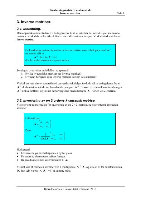 Inverse matriser - Universitetet i Tromsø