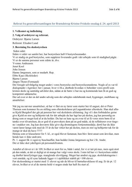 Referat fra generalforsamlingen for Brændstrup Kristne Friskole ...