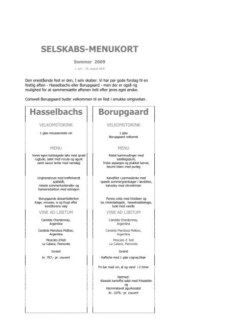 SELSKABS-MENUKORT Hasselbachs Borupgaard - Comwell