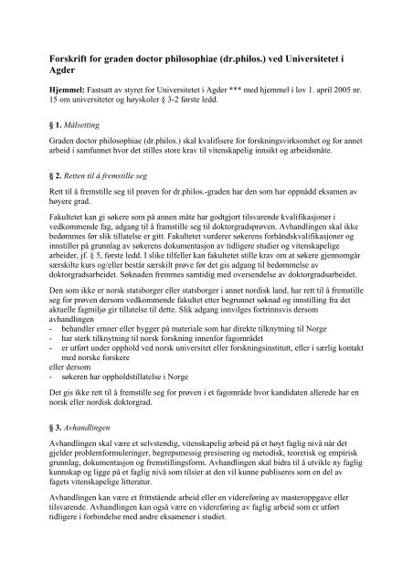 Forslag til forskrift - Universitetet i Agder