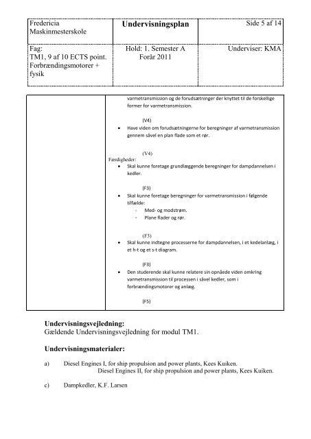 Undervisningsplan - Fredericia Maskinmesterskole