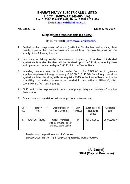 Expression of Interest - Bharat Heavy Electricals Ltd.