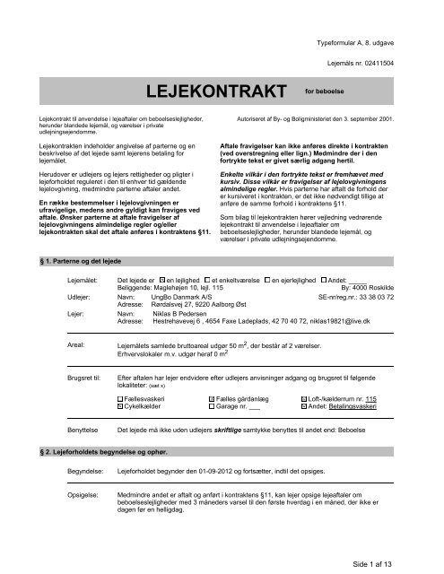 LEJEKONTRAKT for - Ungbodanmark.dk