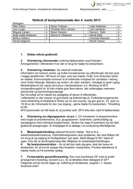 Referat af bestyrelsesmøde 4. marts 2013 - Vinde Helsinge Fri