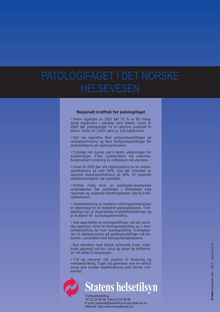 Patologifaget i det norske helsevesen. Med ... - Helsetilsynet