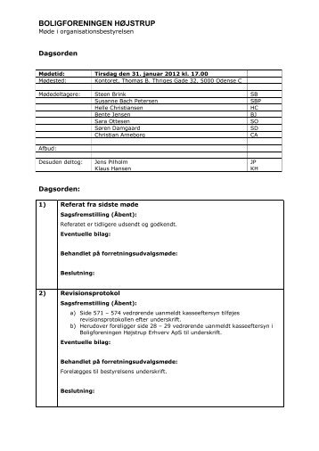 Dagsorden bestyrelsesmøde 31. januar 2012 - Højstrup Bolig