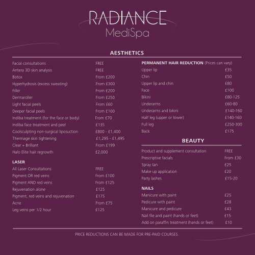 to download our beauty and aesthetics pricelist - Radiance MediSpa