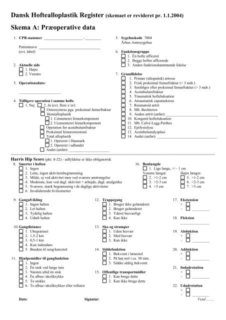 Skema A - Dansk Hoftealloplastik Register