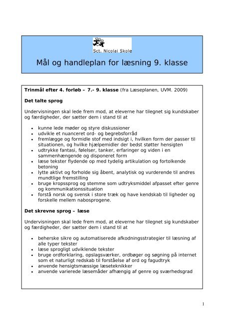 Mål og handleplan for læsning 9. klasse - Sct. Nicolai Skole