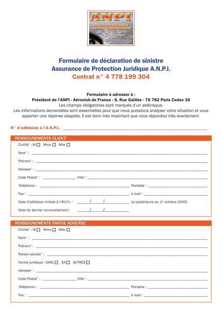 Formulaire de déclaration sinistre “Protection Juridique” - ANPI