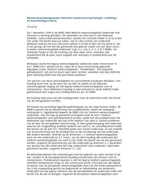 Notitie beoordelingskader Ethische Commissie Psychologie ...