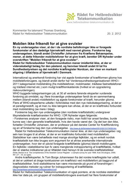 Mobilen ikke frikendt for at give svulster - Rådet for Helbredssikker ...