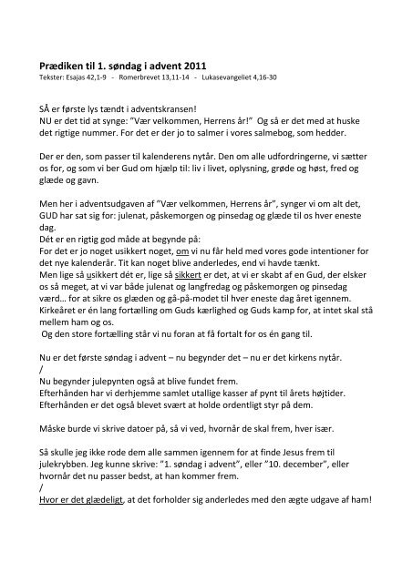 Prædiken til 1. søndag i advent 2011 - Smidstrup og Skærup Kirker