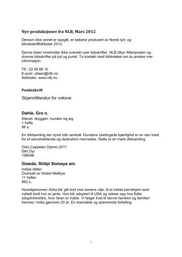 Nye lyd- og punktskriftbøker i mars 2012 (pdf) - NLB