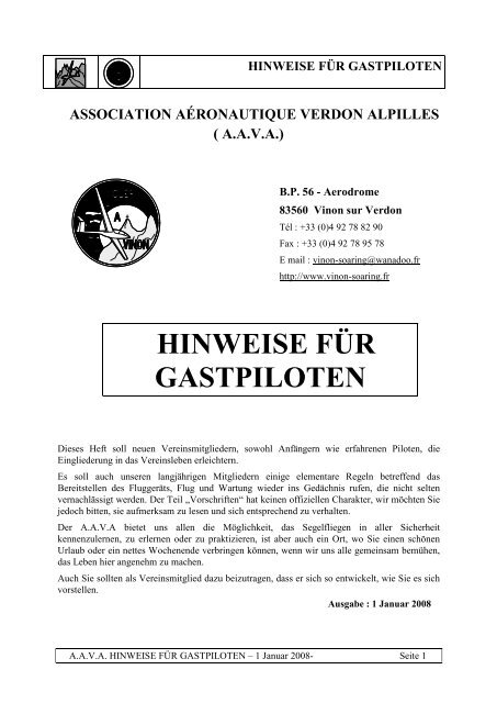 Flugplatz Vinon "Hinweise für Gastpiloten", de. (PDF 1.6 MB)