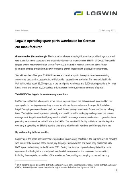 Logwin operating spare parts warehouse for German car manufacturer