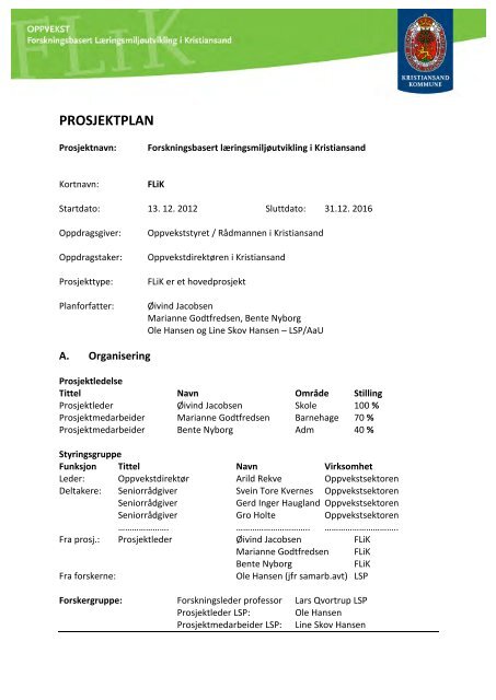 Prosjektplan for FLiK - Kristiansand kommune