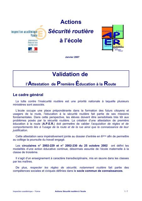 Actions sécurité routière à l'école – validation des - Inspection ...