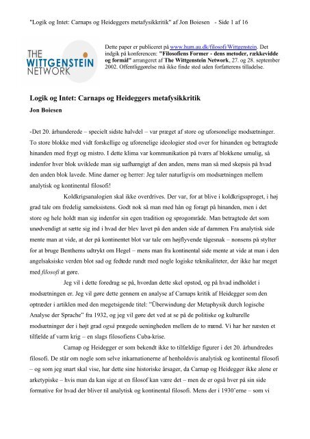 Carnaps og Heideggers metafysikkritik - The Wittgenstein Network