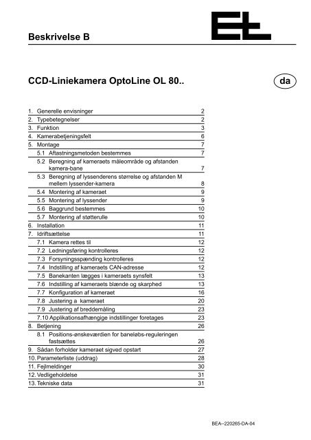 Beskrivelse B CCD-Liniekamera OptoLine OL 80.. da - Erhardt+Leimer