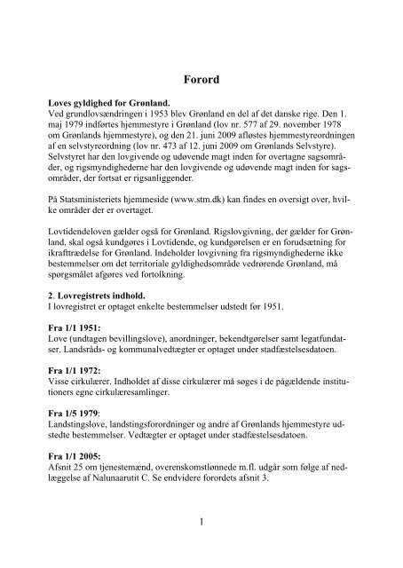 Grønlandsk Lovregister 2010 - 1. kvartal - Statsministeriet