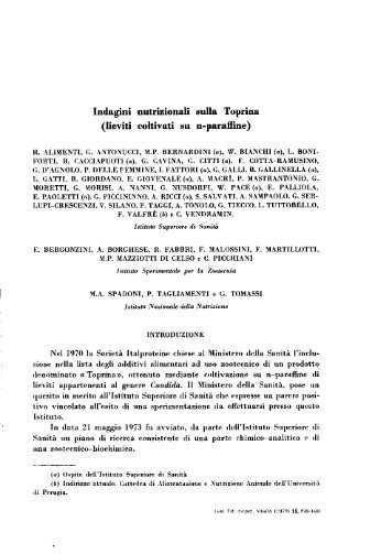 Indagini nutrizionali sulla Toprina (lieviti coltivati su n-paraffine R ...