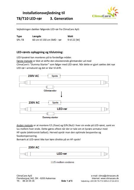 Installationsvejledning til T8/T10 LED-rør 3. Generation - ClimaCare