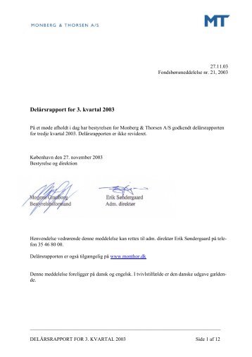 Delårsrapport for 3. kvartal 2003 - Monberg & Thorsen