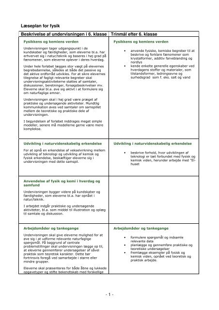 Læseplan for fysik - 1 - Beskrivelse af undervisningen i 6. klasse ...