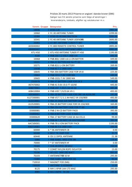 Prisliste 20 marts 2013 Priserne er angivet i danske kroner ... - Betafon