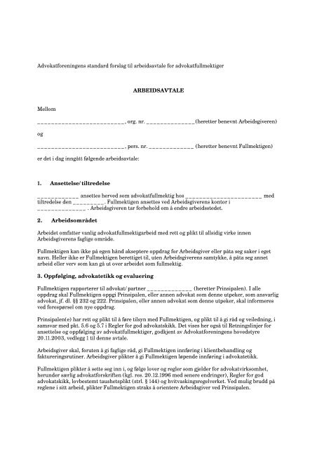 standardkontrakt for advokatfullmektiger - Advokatforeningen