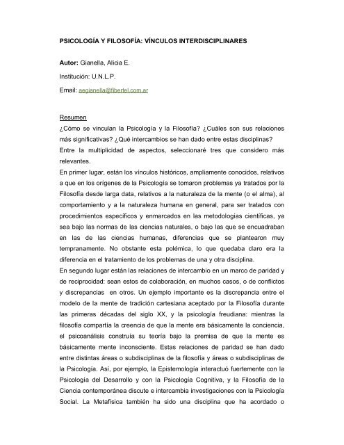 PSICOLOGÍA Y FILOSOFÍA: VÍNCULOS INTERDISCIPLINARES ...