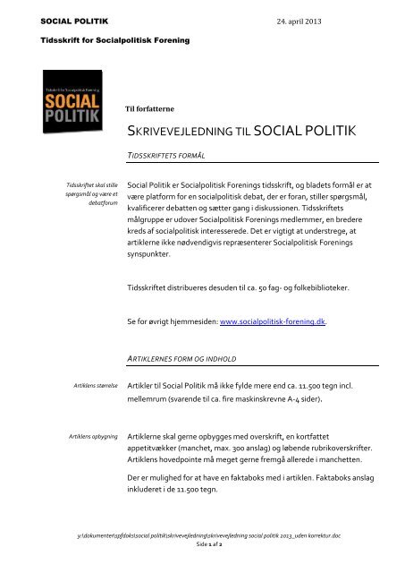 Skrivevejledning til SOCIAL POLITIK - Socialpolitisk Forening
