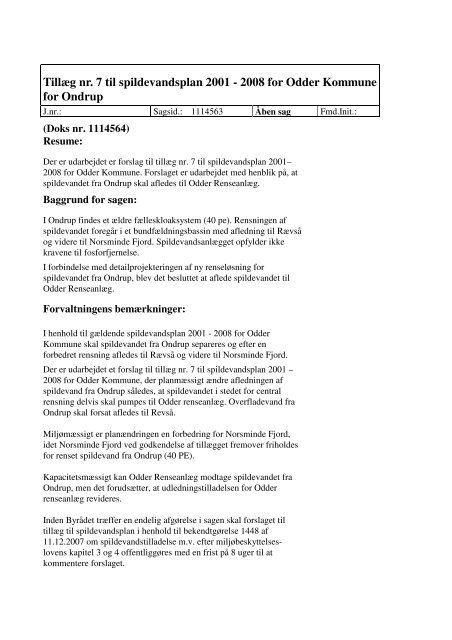 Tillæg nr. 7 til spildevandsplan 2001 - 2008 for Odder Kommune for ...