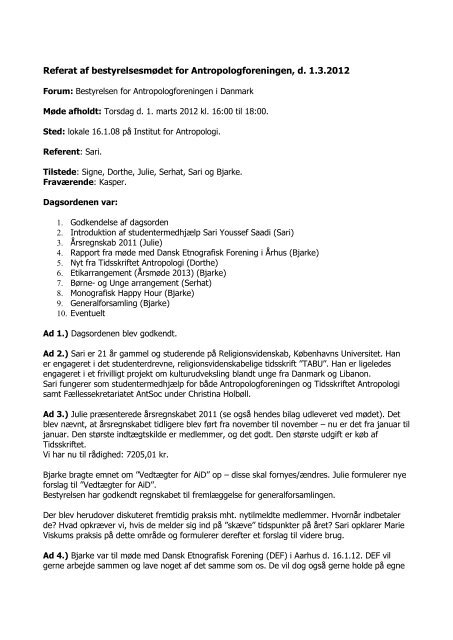 Referat af bestyrelsesmødet for Antropologforeningen, d. 1.3.2012