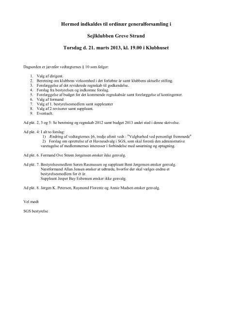 indkaldelsen til generalforsamlingen - Sejlklubben Greve Strand