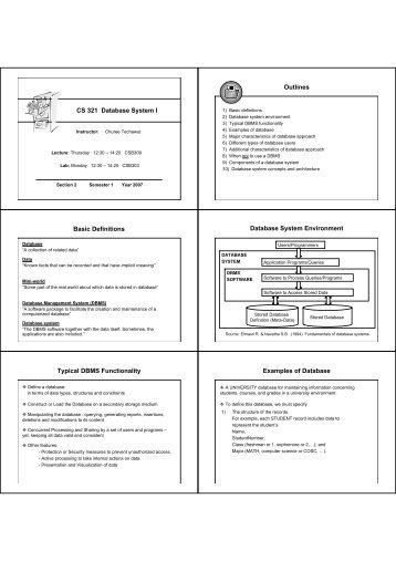 CS 321 Database System I Outlines Basic Definitions Database ...