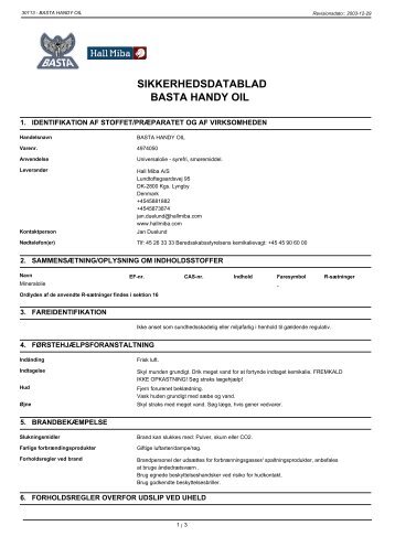 SIKKERHEDSDATABLAD BASTA HANDY OIL - Hall Miba